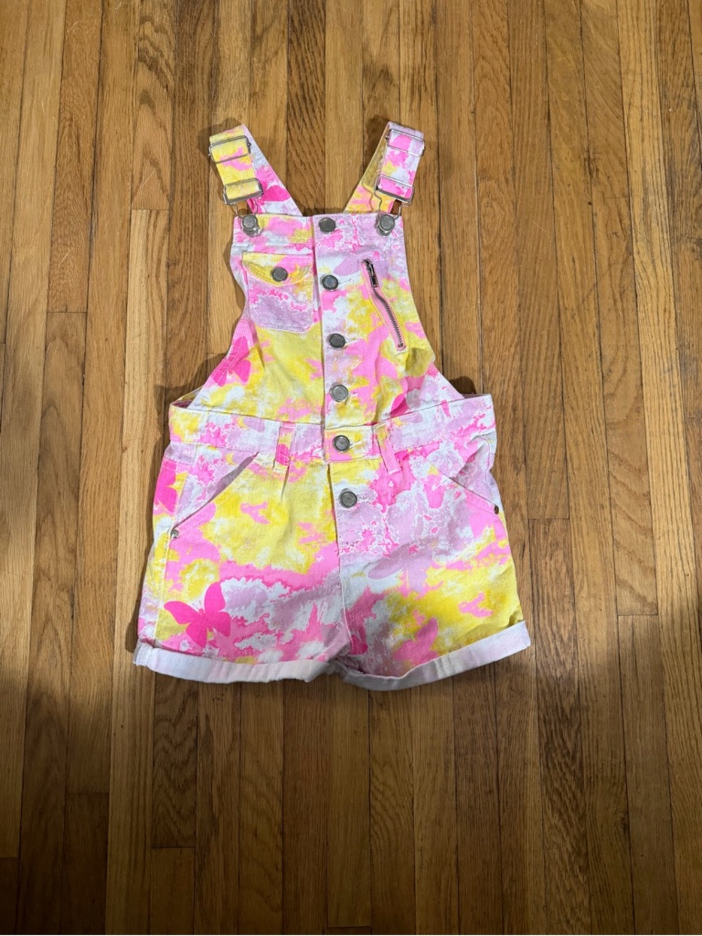 Girls size 6 Pink & Yellow Tie-Dye Short Overalls